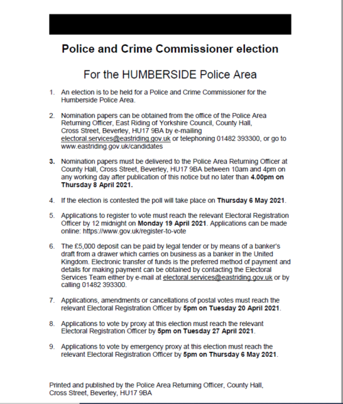 Humberside PCC Election Notice